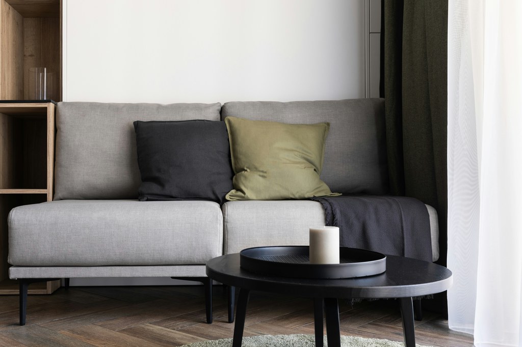 Gray compact sofa with black accent pillows and a round coffee table in a modern small living room