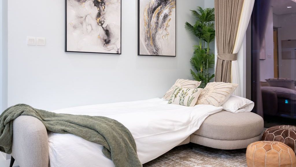 Convertible sofa bed opened into a guest bed in a modern apartment with abstract wall art and a leafy indoor plant.