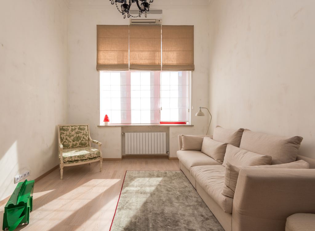 Narrow living room without a coffee table, featuring a beige sofa, accent chair, area rug, and open central floor space.