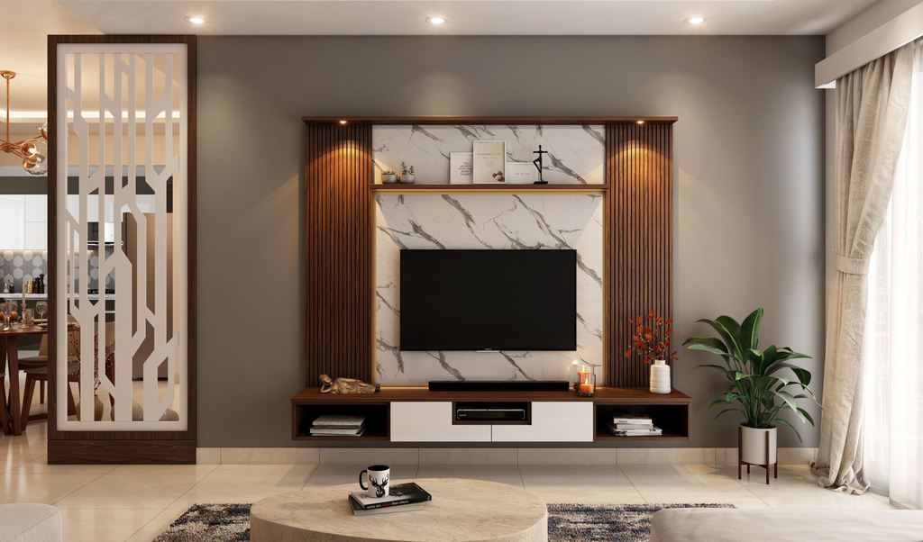 Wall-mounted TV within a modern entertainment center featuring floating storage, open shelves, wood slat panels, and marble-look backing.