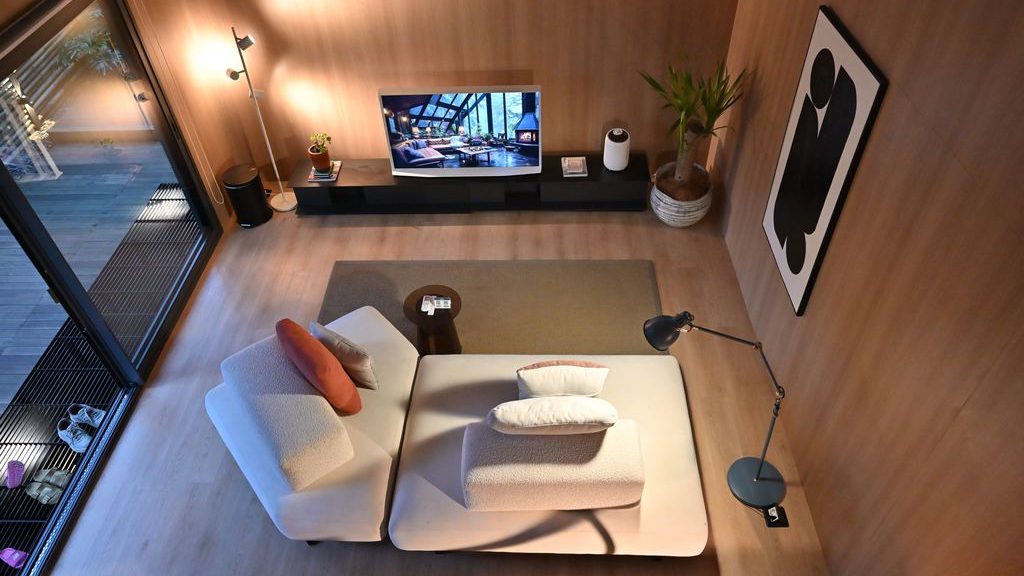 Tiny home living area with wood-paneled walls, compact sectional sofa, media console, TV, floor lamp, and balcony access