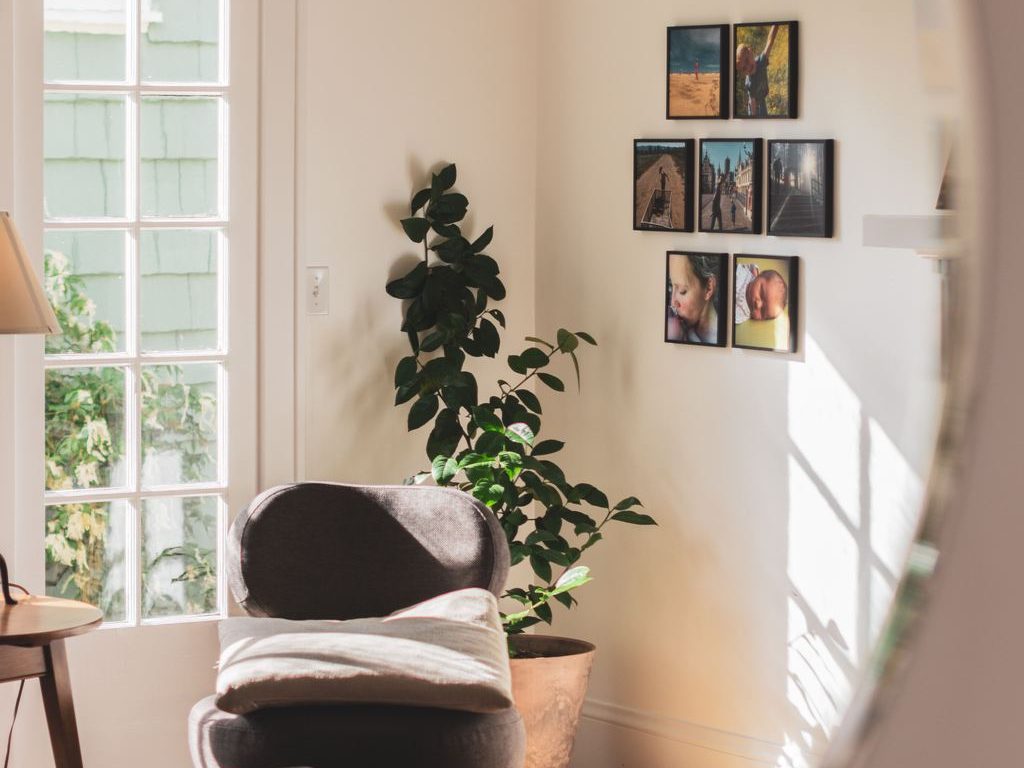 Sunlit living room corner with a gray accent chair, glass coffee table, indoor plant, and a small gallery wall beside a French door.