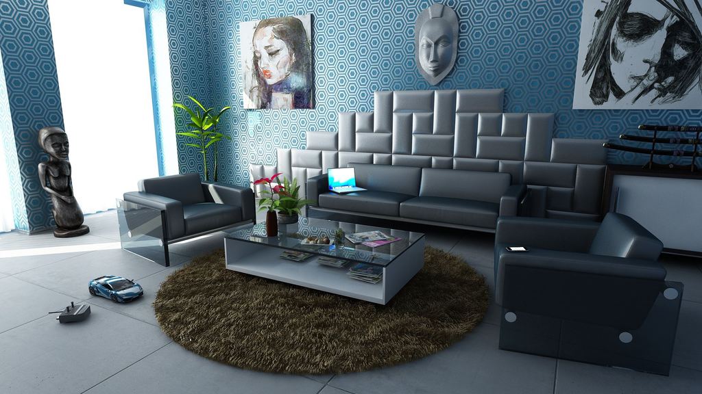 Modern living room with black leather seating, geometric blue wallpaper, abstract wall art, sculptural decor, and a glass coffee table on a round shag rug.