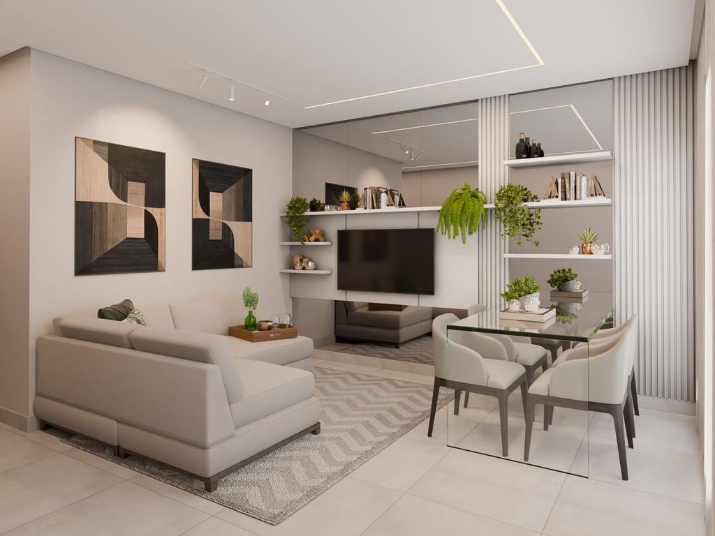 Modern white living and dining room with cream sofas, a glass dining table, white upholstered chairs, built-in shelves, and indoor plants.