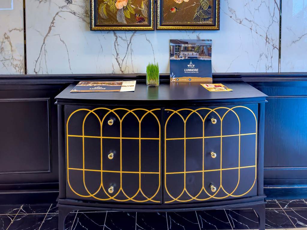 Black cabinet with gold geometric trim, gold-framed floral wall art, marble wall panels, and warm picture lighting in a luxury interior.