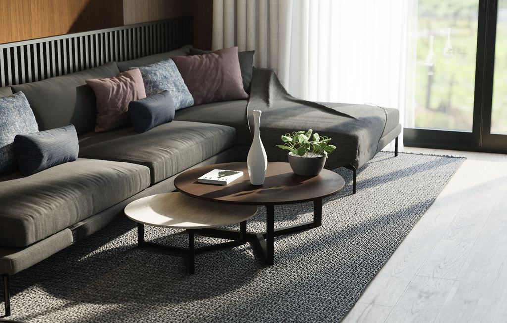 Gray sectional sofa with chaise and supportive pillows in a sunlit modern living room.