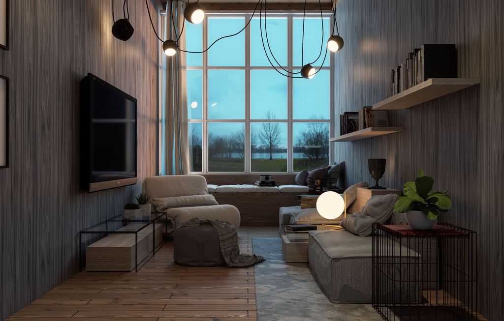 Dark living room with a large window, layered pendant and table lighting, cream seating, a wall-mounted TV, and light wood furniture.