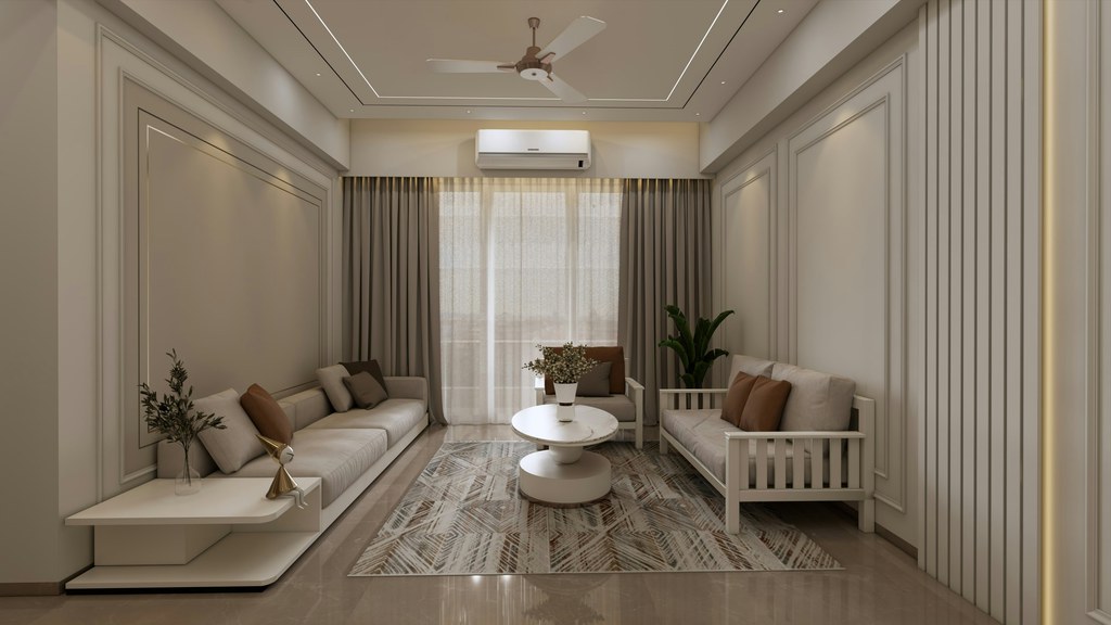 Neutral living room with warm beige walls, white sofas, taupe curtains, and a softly patterned area rug.