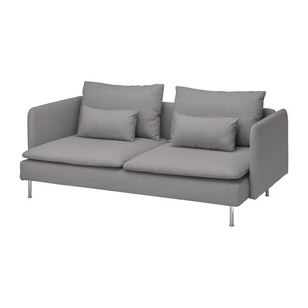 Gray low back loveseat with loose back and lumbar cushions, slim metal legs, and wide upholstered arms on a white background.