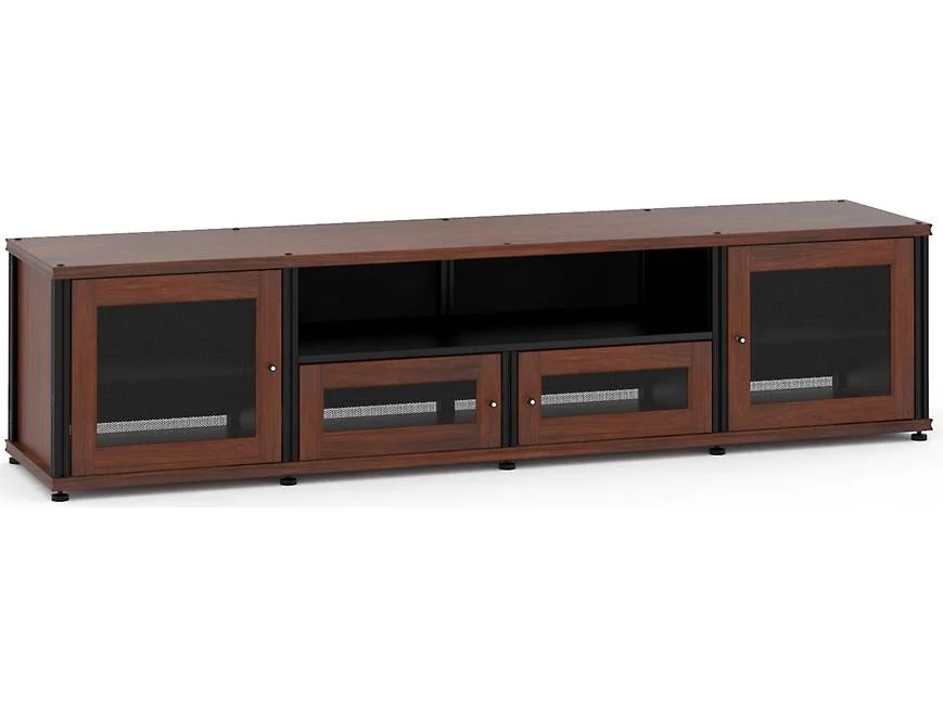 Long wooden media console with mesh cabinet doors, open storage compartments, and modern AV furniture design.
