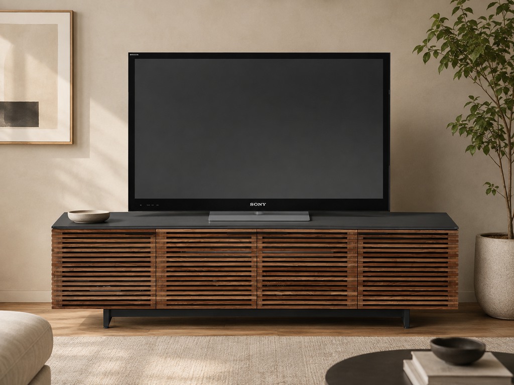 Wood slatted media console with a flat-screen TV in a bright modern living room with neutral decor and a potted tree.