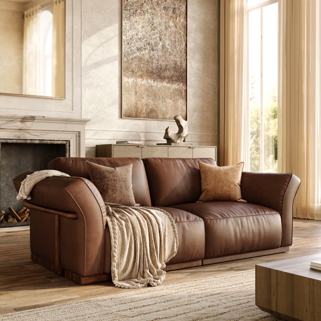 Brown leather loveseat with throw pillows and a knit blanket in a bright living room.