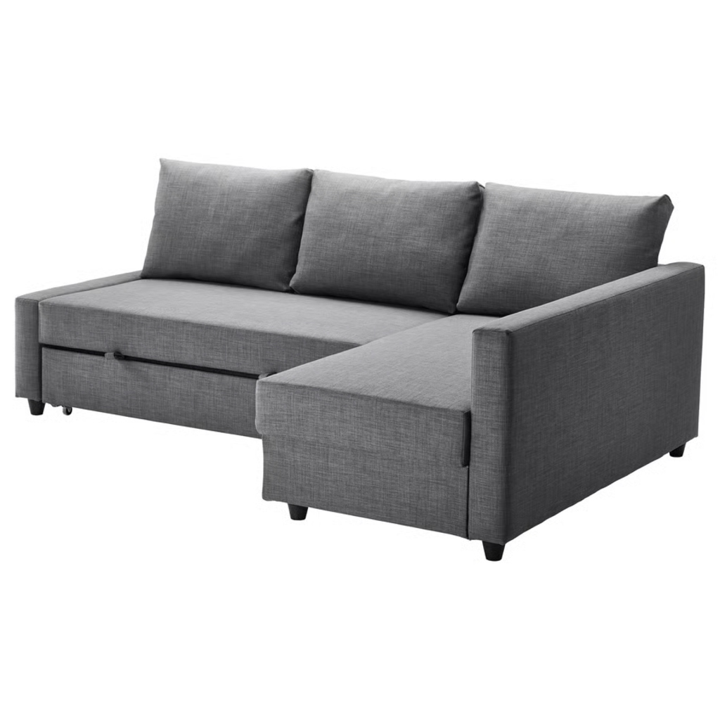 Gray sectional sleeper sofa with chaise and pull-out bed on a white background.
