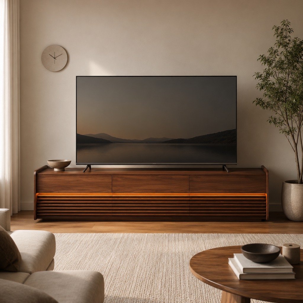 Warm modern minimalist living room with a long walnut media console, a 75-inch TV standing on top, soft amber accent lighting, a round wood coffee table in the foreground, a beige sofa, a wall clock, and a tall potted tree.