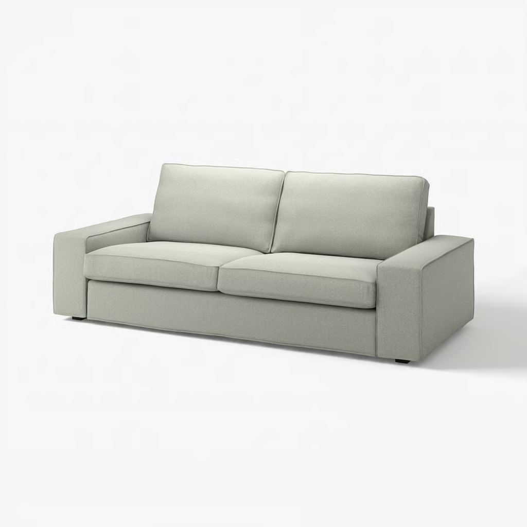 Light gray two-seat sofa with separate cushions and wide arms on a white background.