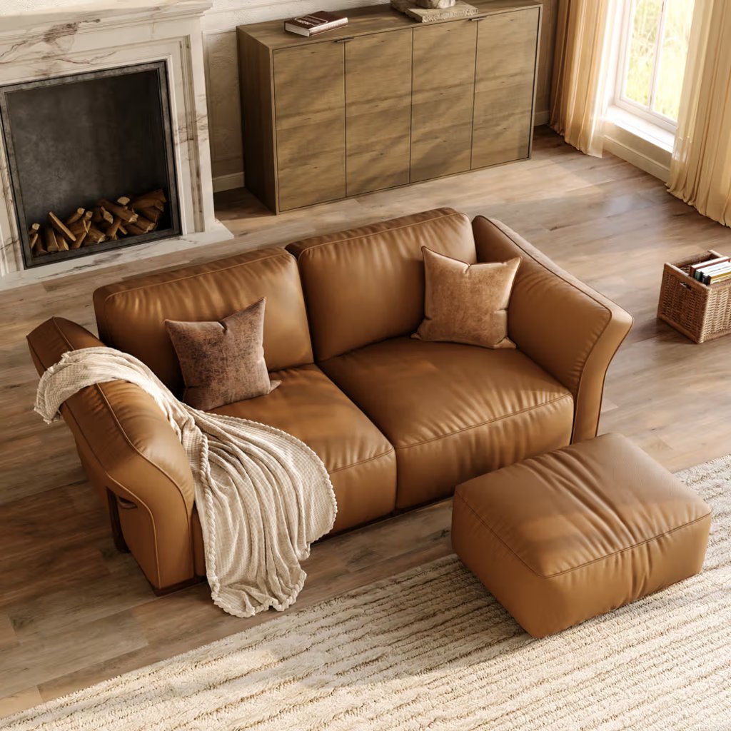 Brown leather sofa with matching ottoman in a warm modern living room.