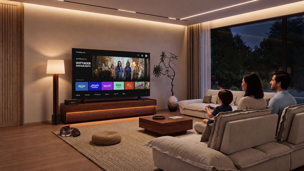 Modern living room with a 75-inch TV placed on a wooden media console, creating a cozy family entertainment setup with a sofa, coffee table, and warm ambient lighting.