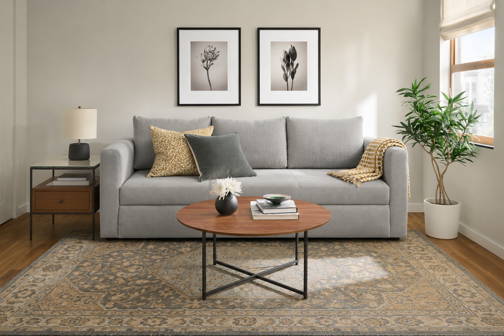 Light gray sofa centered in a bright modern living room with a round coffee table and potted plant.
