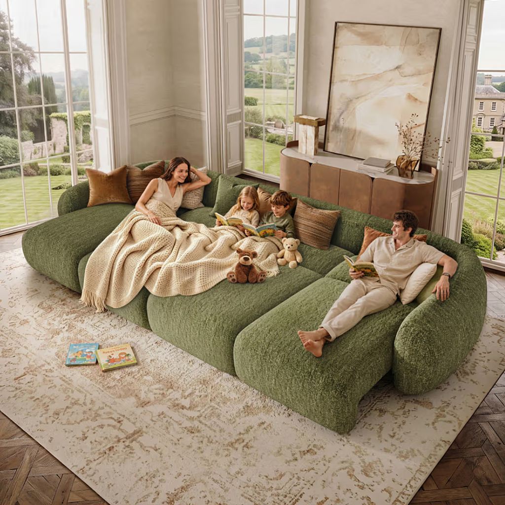Large green modular sectional sofa with a family reading together in a bright living room.