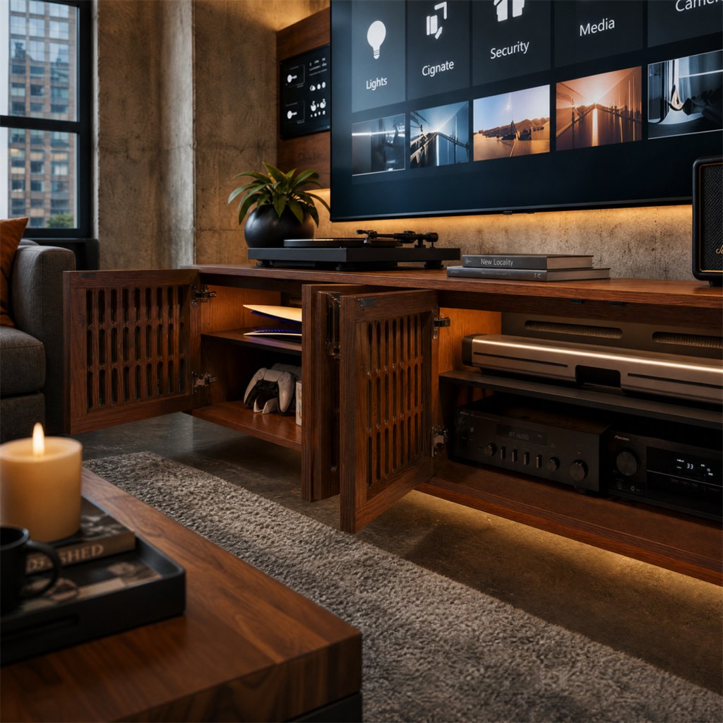 Modern home theater setup with media console, open storage doors, gaming console, AV receiver, soundbar, and smart TV display.