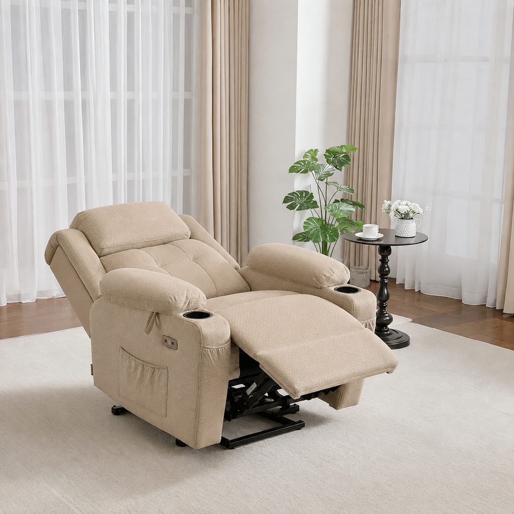 Beige power lift recliner fully reclined with an extended footrest in a bright living room.