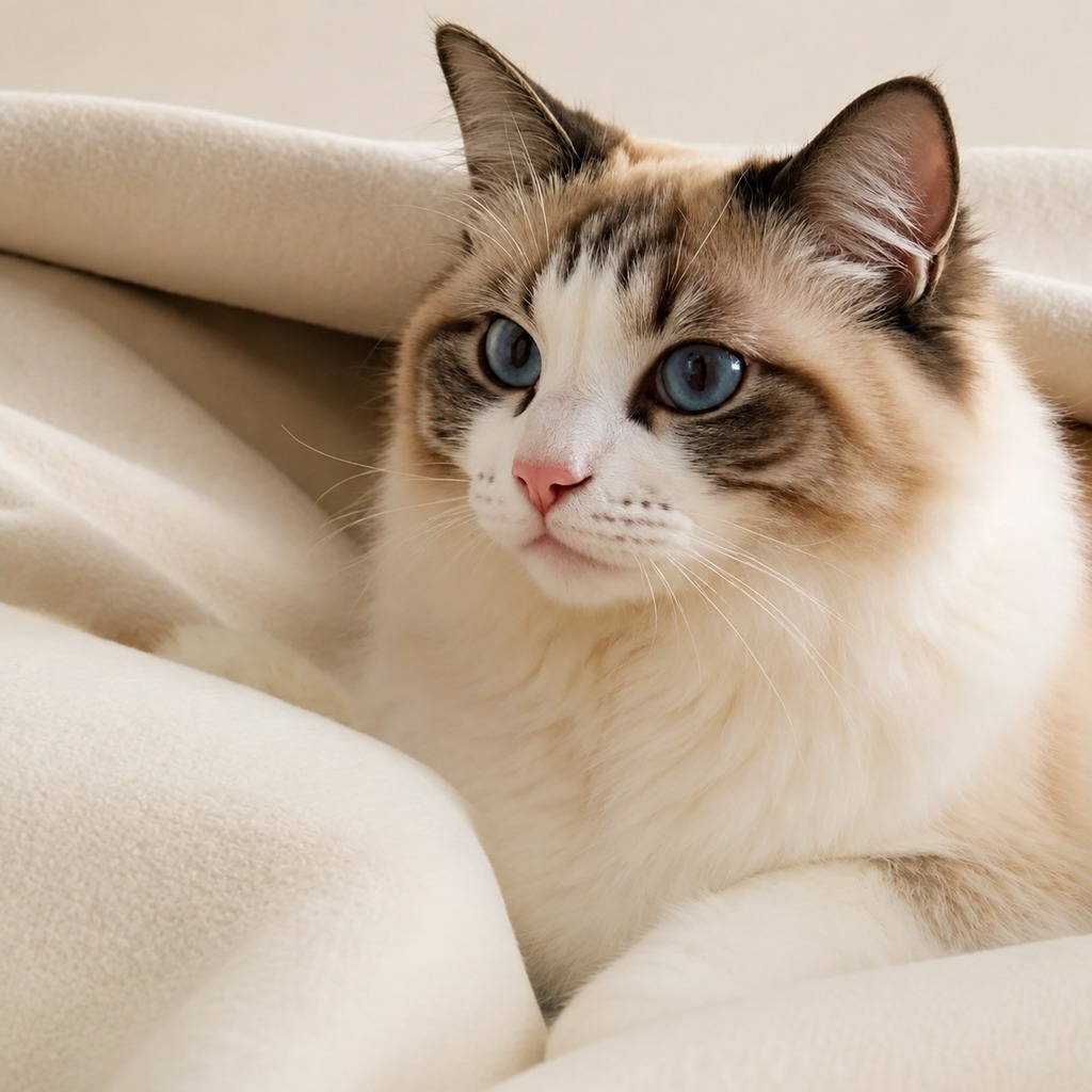 Blue-eyed fluffy cat resting on a soft beige sofa.