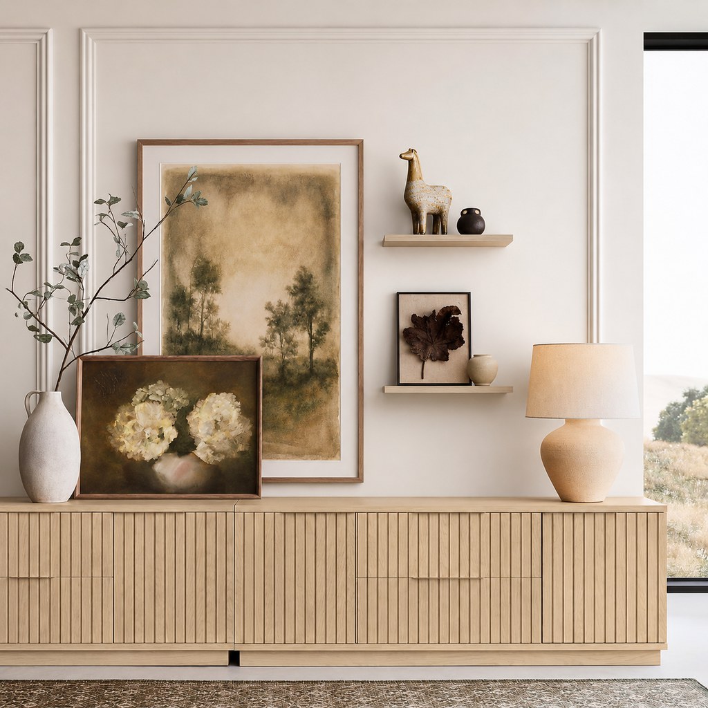 Light wood fluted media console against a decorated white wall with framed artwork, floating shelves, a ceramic lamp, and neutral decor.