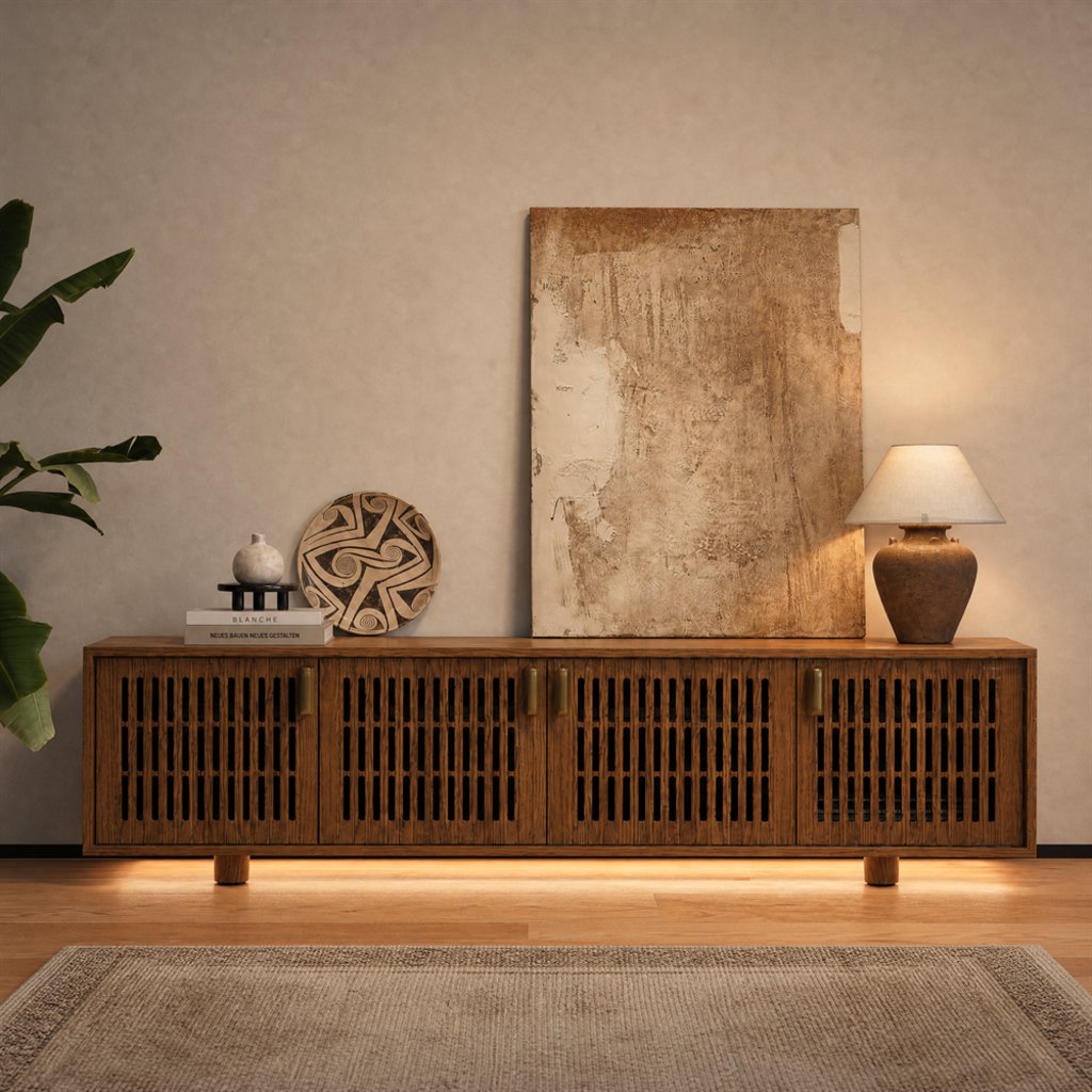 Wooden media console with ventilated cabinet doors, decorative storage, and minimalist living room design.