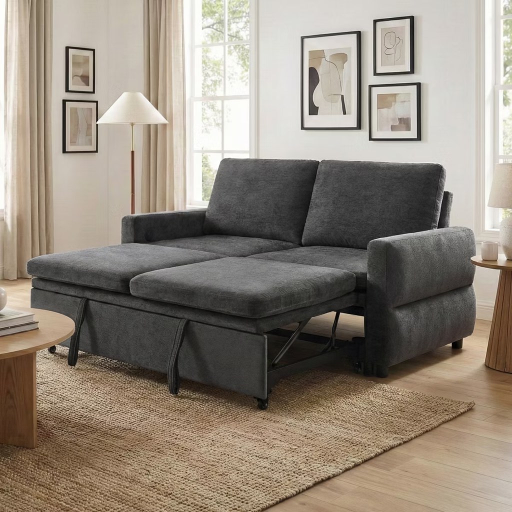 Dark gray convertible sleeper sofa with an adjustable backrest and pull-out bed in a bright modern living room.