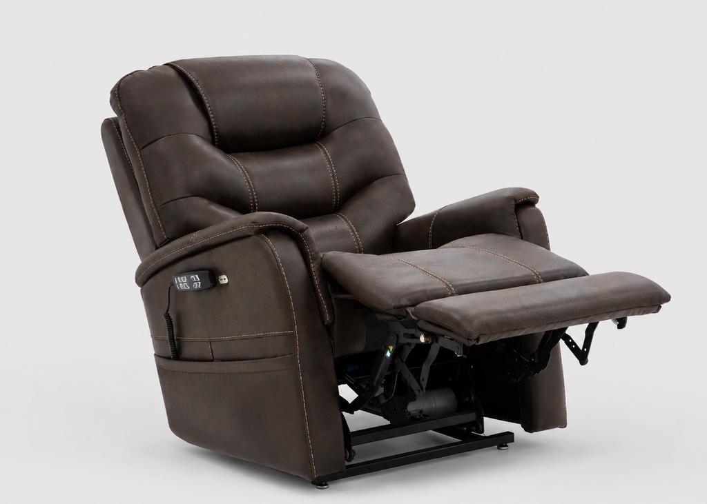 Brown power recliner with extended footrest on a white background