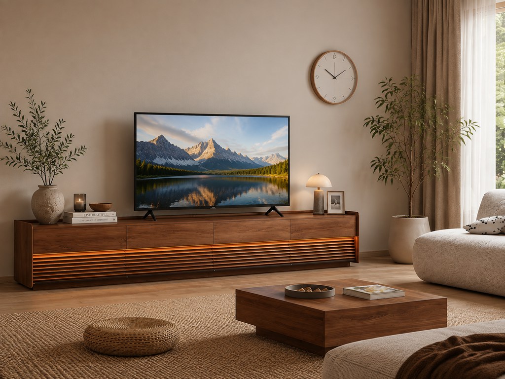 Modern minimalist living room with a walnut TV stand, medium-sized flat-screen TV, round wall clock, indoor plants, warm lighting, coffee table, and neutral-toned furniture.