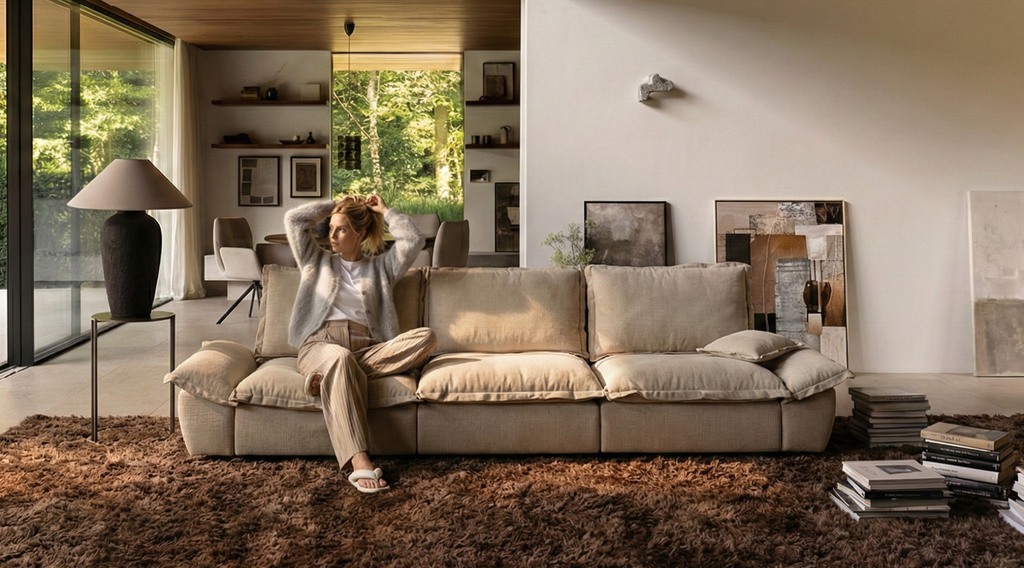 Beige deep-seat sofa in a modern living room with a woman sitting cross-legged and floor-to-ceiling windows.
