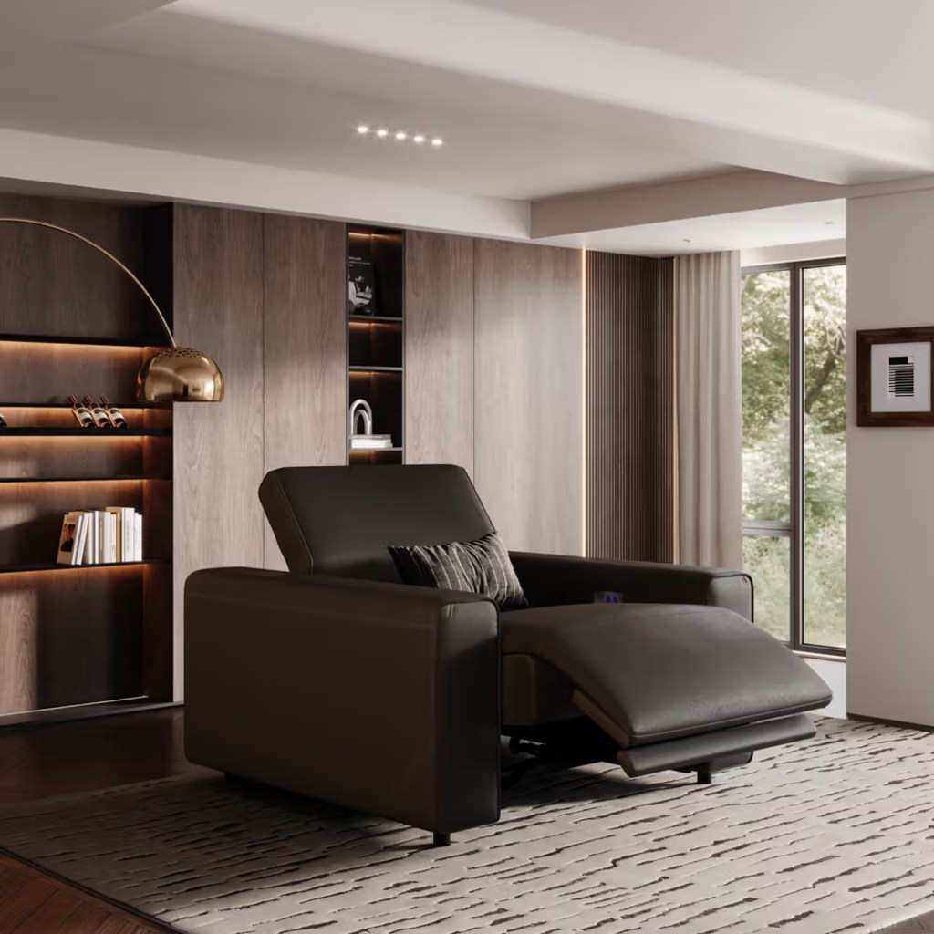 Dark brown power recliner with extended footrest in a modern living room