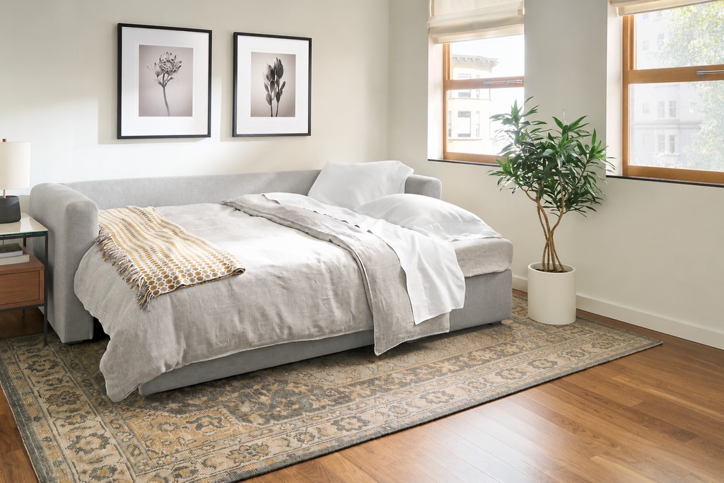 Light gray sofa bed opened into a sleeping platform in a bright modern room with neutral bedding, patterned rug, and large windows.