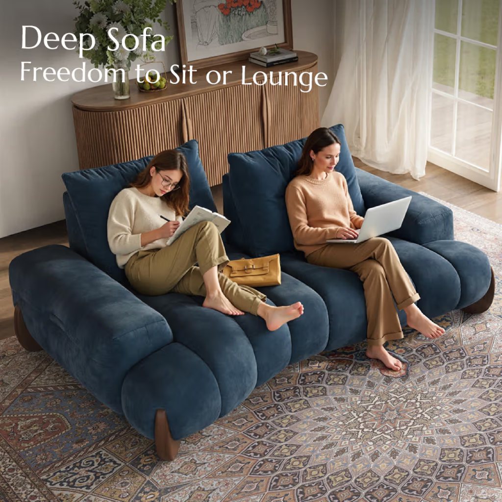Deep blue curved sectional sofa with adjustable cushions in a cozy living room with two people lounging.