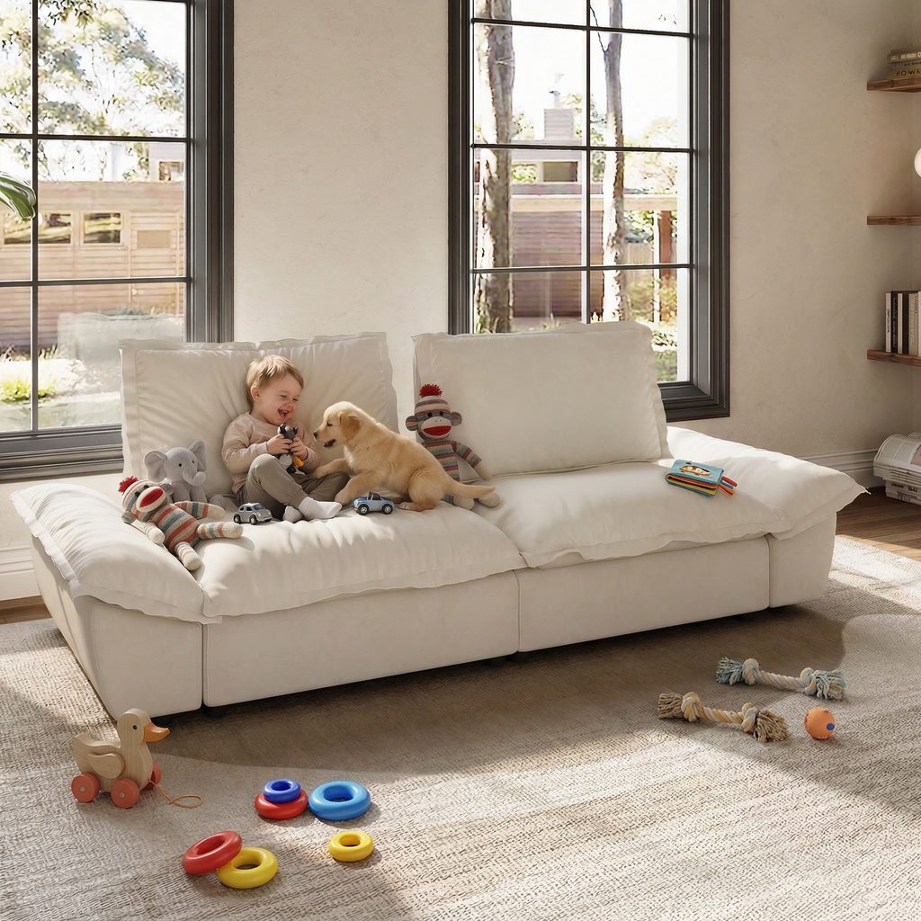 White deep-seat sofa in a bright living room with a child, puppy, and toys.