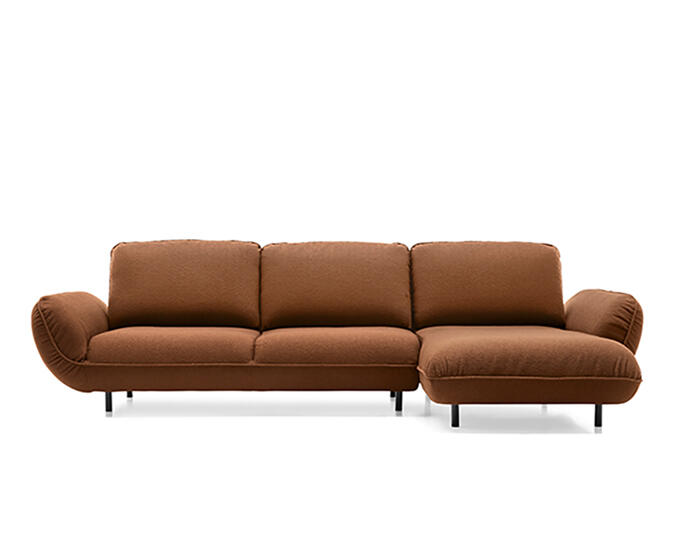 Brown sectional sofa with a chaise lounge, cushioned backrests, and slim black legs on a white background.