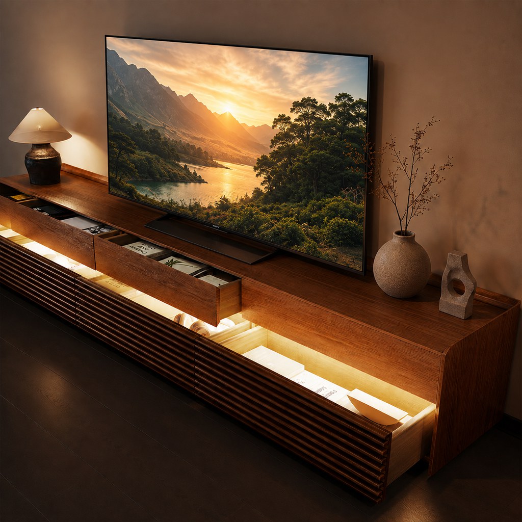 A 75-inch TV standing on a warm walnut media console with open illuminated drawers, styled with a table lamp, a ceramic vase with branches, and a small sculptural accent in a cozy modern living room.
