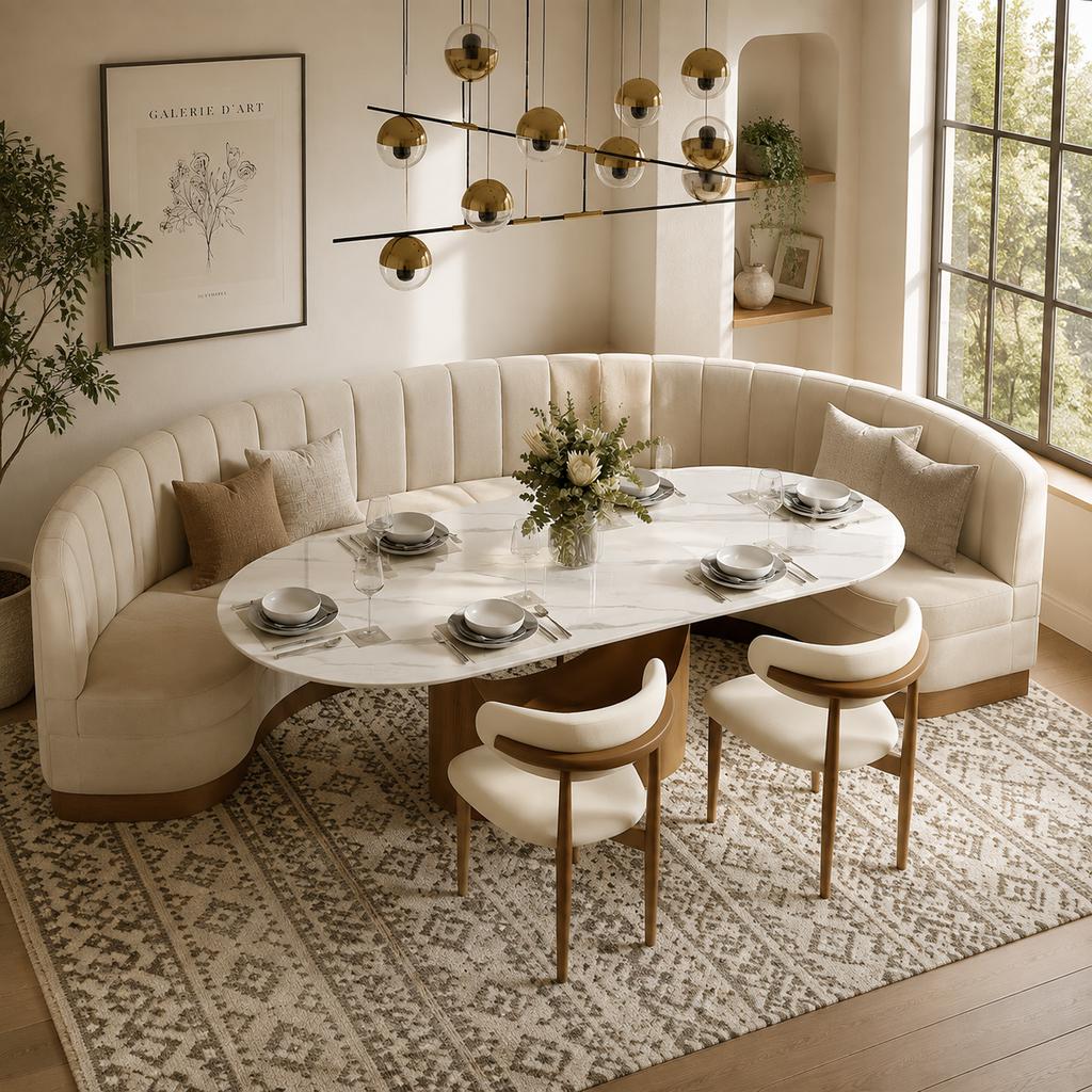 Curved upholstered banquette seating with an oval marble dining table in a bright modern dining nook.
