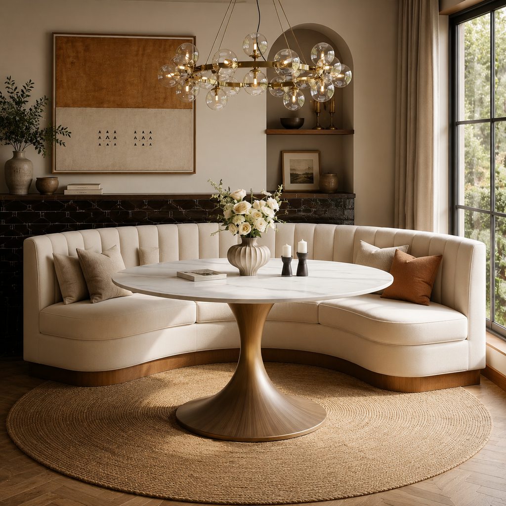 Curved upholstered banquette seating with a round marble dining table in a warm modern dining nook.