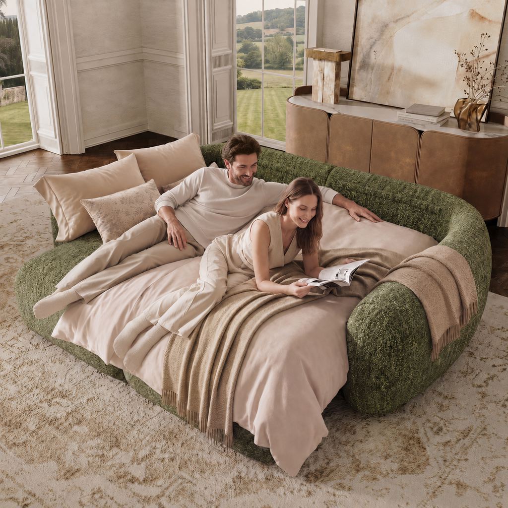 Couple relaxing together on a green sofa bed with neutral bedding in a bright, elegant living room.
