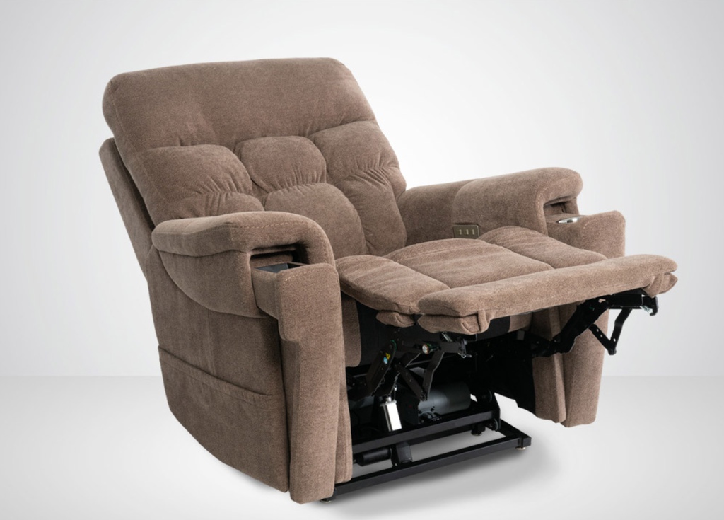 Brown upholstered power lift recliner with an extended footrest and visible reclining mechanism.