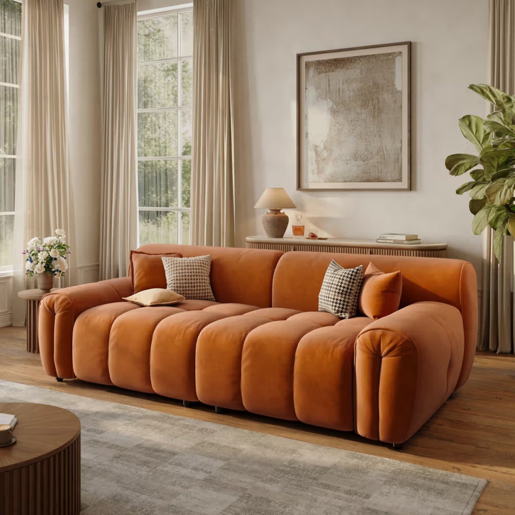 Orange velvet deep-seat sofa with rounded tufted cushions in a warm, sunlit living room.