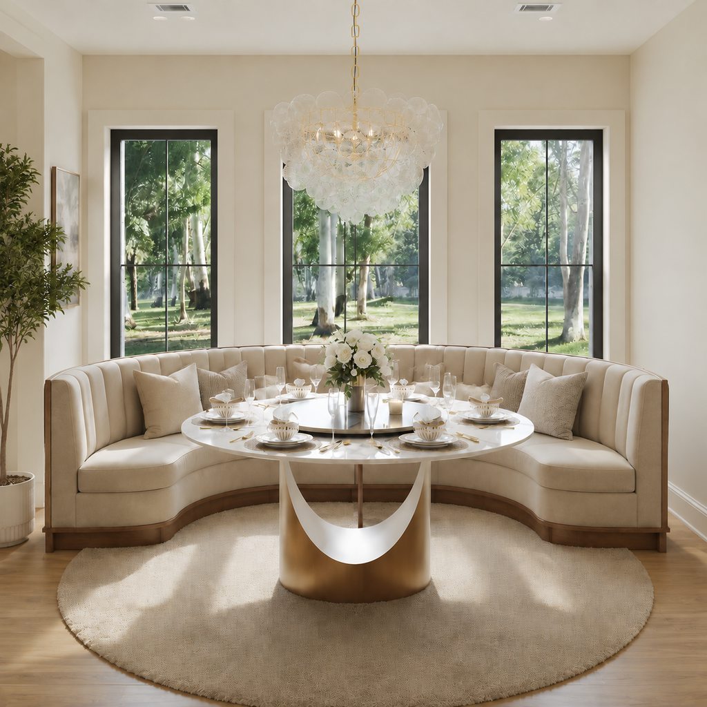 Curved upholstered banquette with a round dining table in a bright modern breakfast nook.
