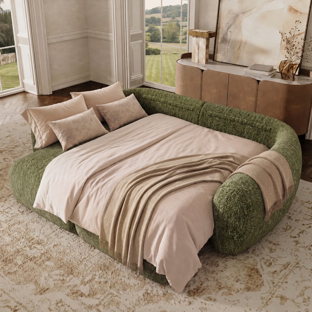 Green curved sofa bed fully extended with neutral bedding in a multipurpose living room