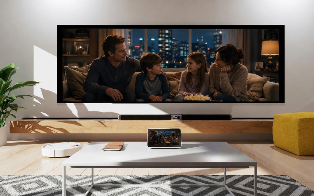 Modern living room with TV and smart display showing synchronized movie scenes, soundbar, and clean entertainment setup.