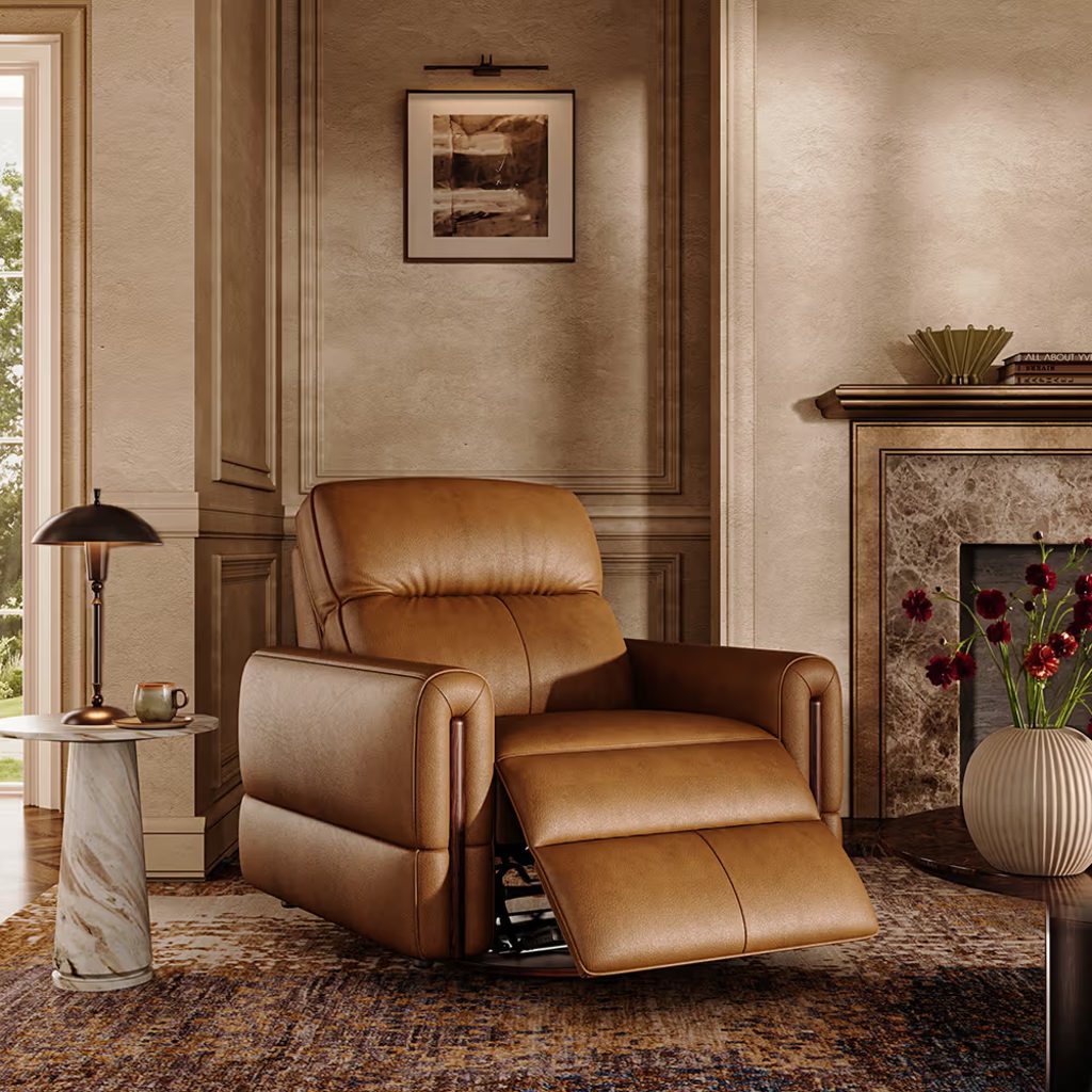 Brown leather recliner chair with extended footrest beside a fireplace in a warm, classic living room.