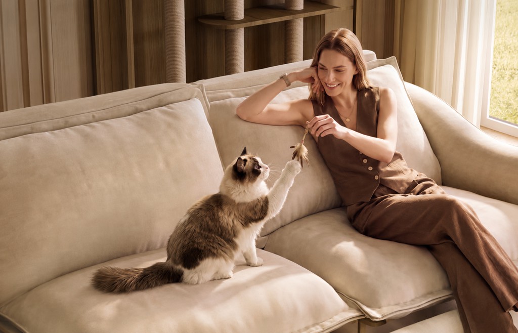 Woman relaxing on a beige sofa while playing with a cat in a warm modern living room with wood paneling and natural sunlight.
