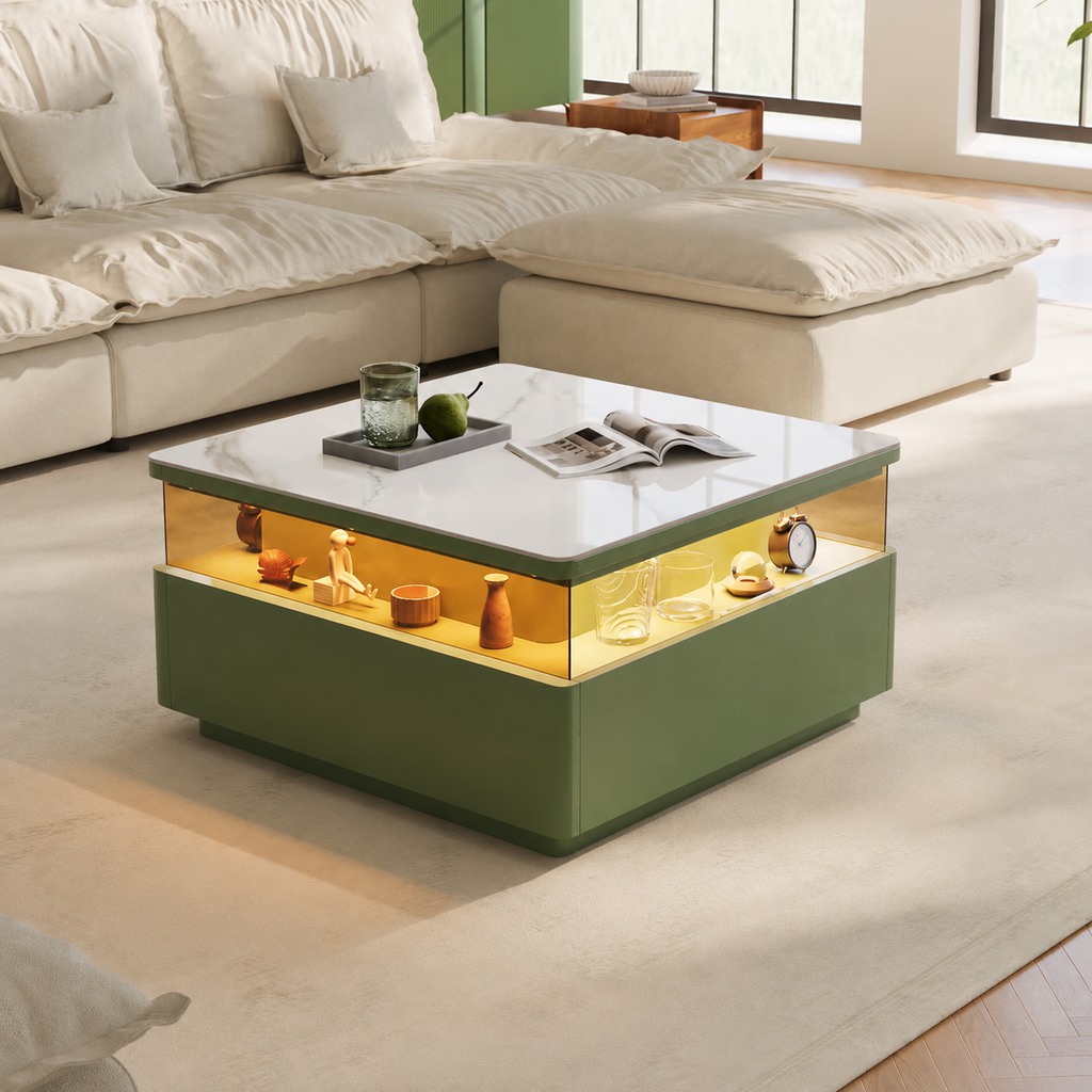Green LED coffee table with closed storage drawers, warm illuminated display shelving, and a white stone-look top in a bright modern living room.
