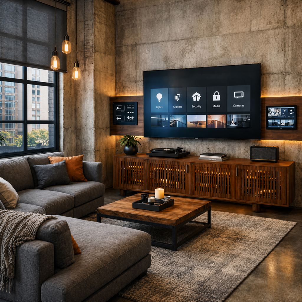 Industrial-style living room with a sectional sofa, wooden media console, coffee table, and large wall-mounted smart TV in a warm home theater setup.